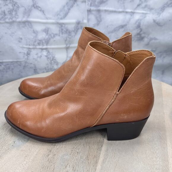 Lucky Brand Banterr Tan Leather Ankle Boots Women’s 7 Block Heel Western Bootie - Picture 2 of 14